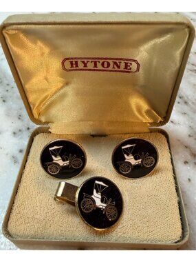 Vintage HYTONE Model T Automobile Car Cuff Links Tie Clasp Set Black Gold